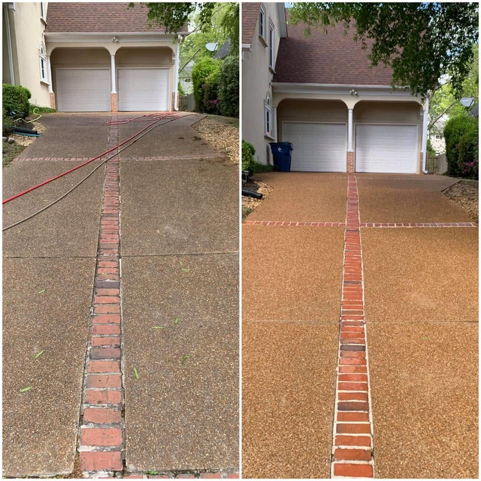 Driveway pressure washing comparison with the before photo on the left and the after photo on the right