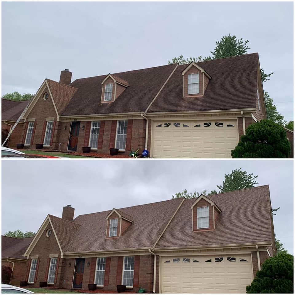 Roof soft-washing comparison with the before photo at the top and the after photo at the bottom